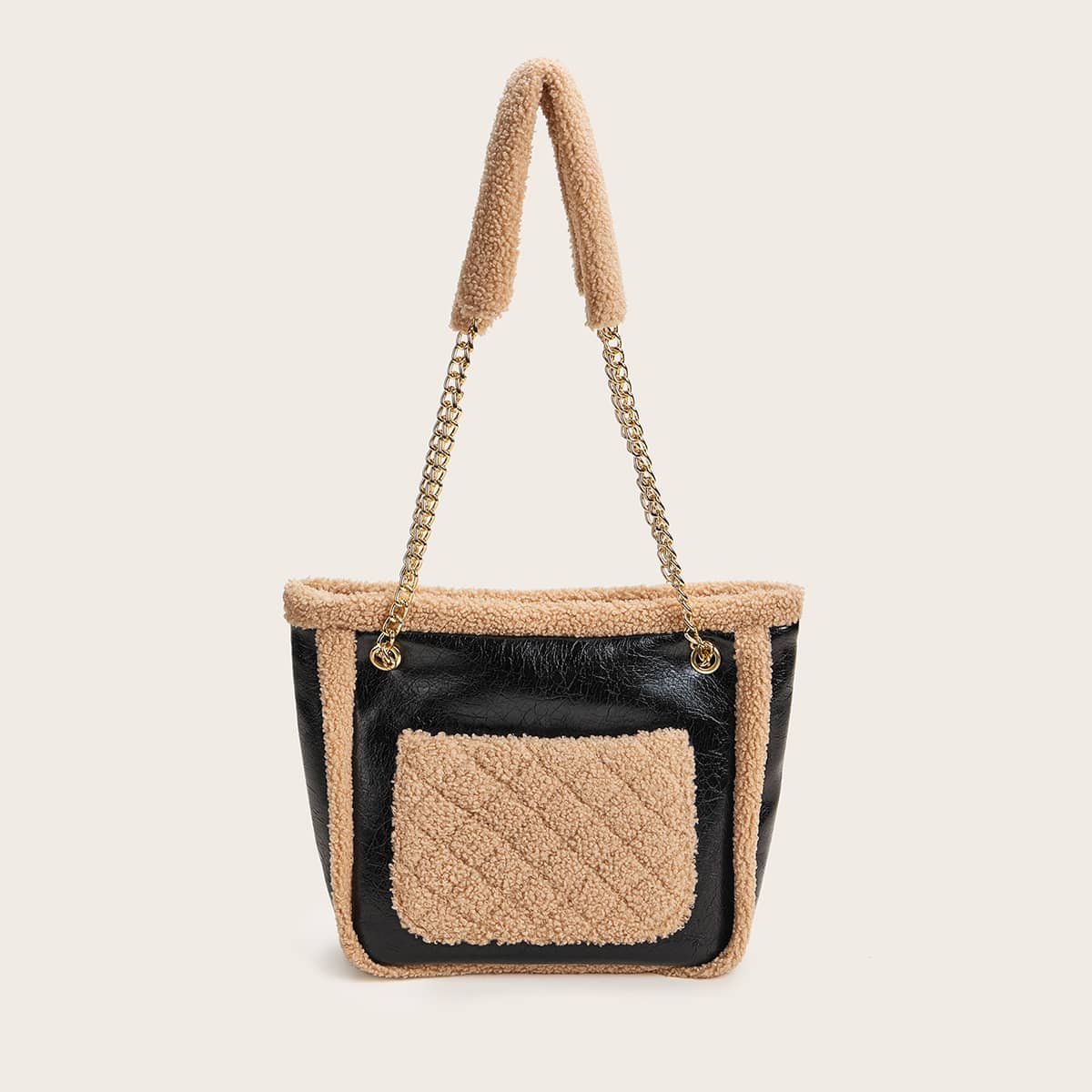 

Contrast Faux Fur Chain Tote Bag, Black