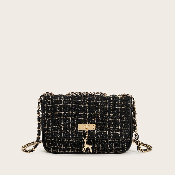 

Deer Decor Tweed Chain Crossbody Bag, Black