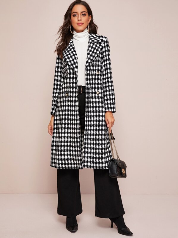 

Double Button Buckle Belted Plaid Coat, Black and white, Mary P.