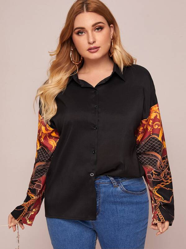 

Plus Contrast Scarf Print Button Through Blouse, Black, Nora