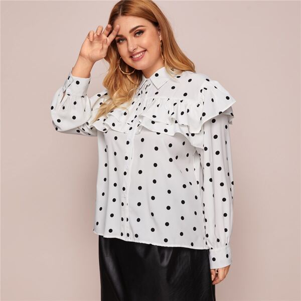 

Plus Allover Polka Dot Ruffle Trim Blouse, White