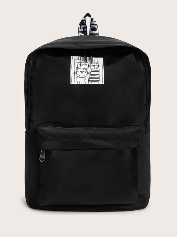 

Cartoon Patch Decor Pocket Front Backpack, Black