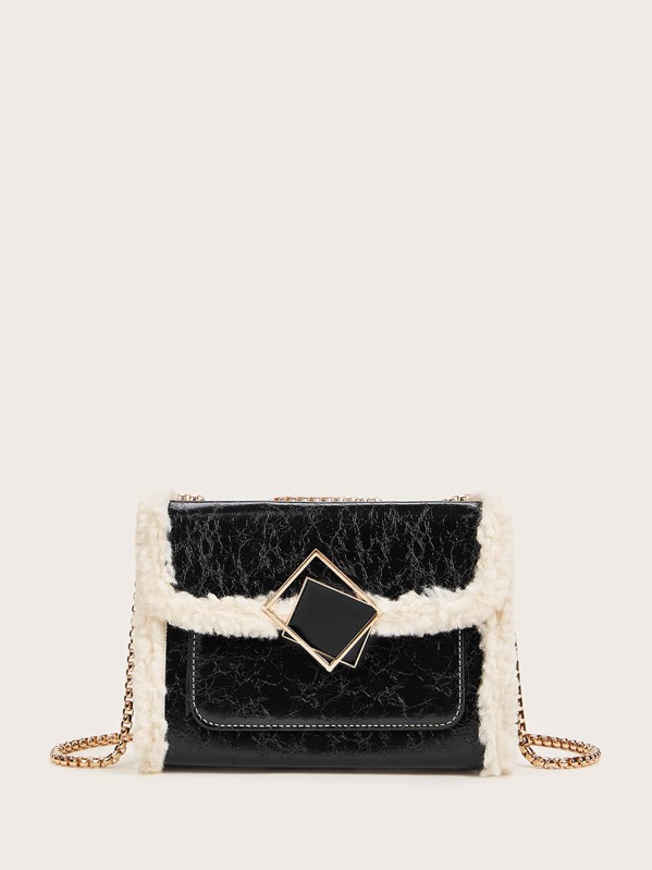 

Contrast Faux Fur Geometric Decor Chain Bag, Black