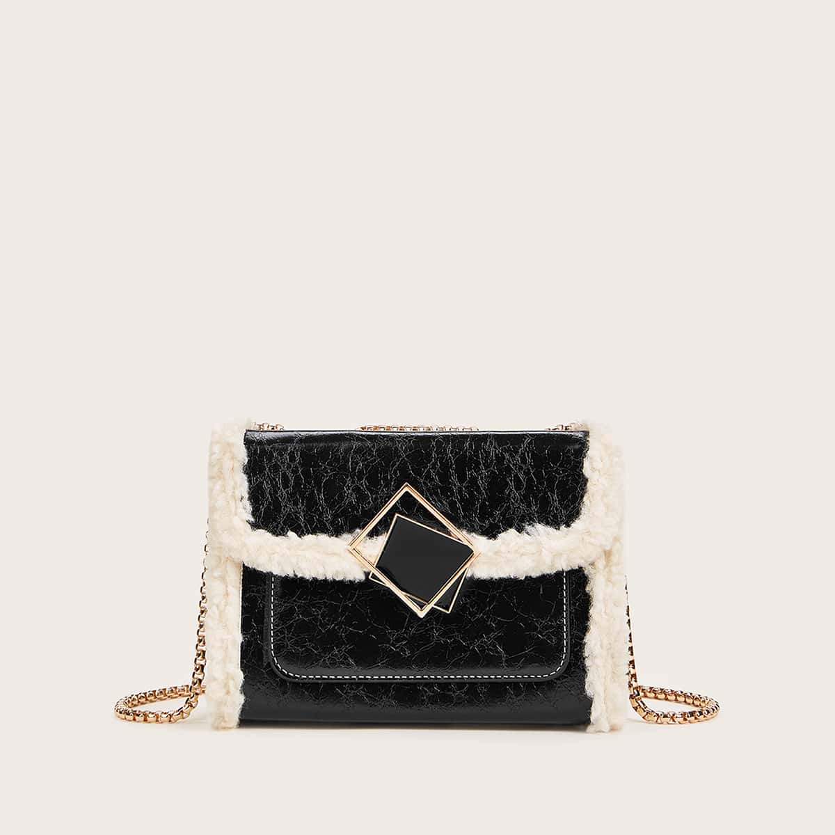 

Contrast Faux Fur Geometric Decor Chain Bag, Black