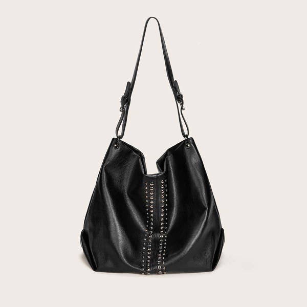 

Studded Decor Slouch Bag, Black