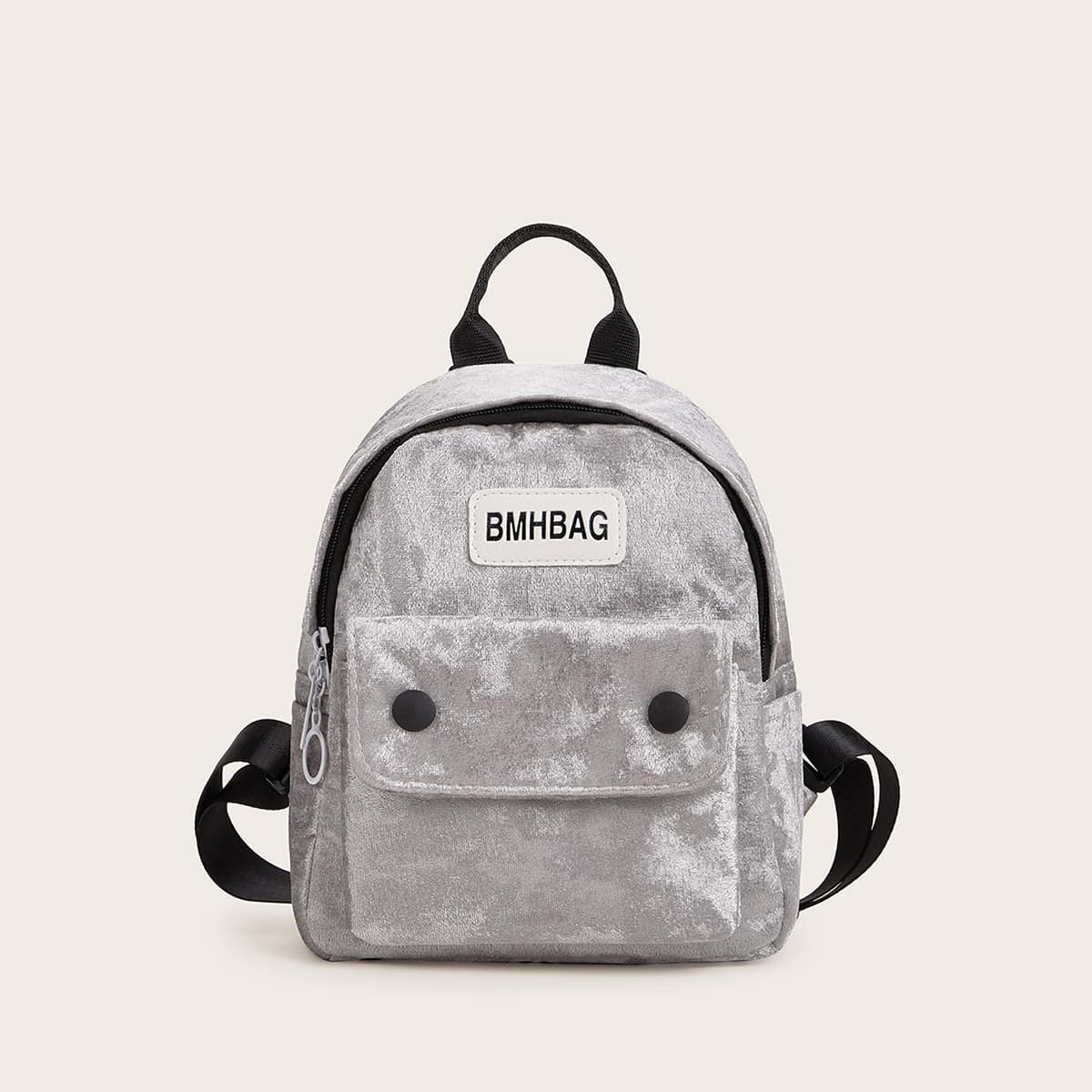 

Letter Patch Decor Velvet Backpack, Grey