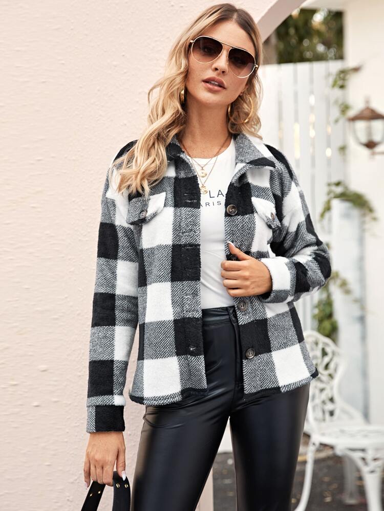Svart och Vitt Framsida Knappar Gingham Enkel Jackor Svart och Vitt Framsida Knappar Gingham Enkel Jackor