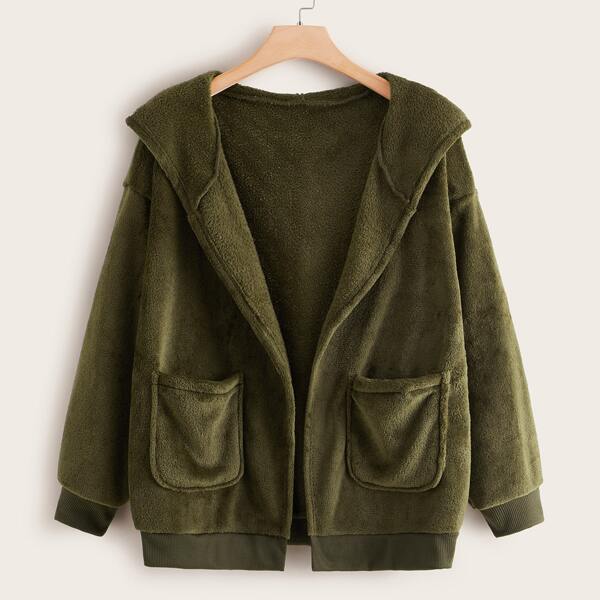 

Plus Dual Pocket Hooded Teddy Jacket, Army green