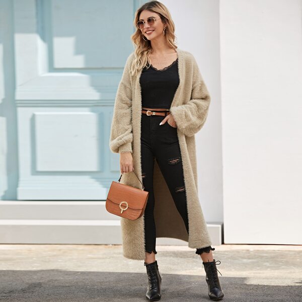 Bishop Sleeve Fluffy Knit Longline Cardigan, Khaki