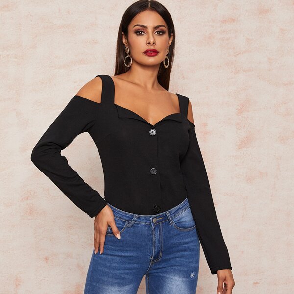 

Foldover Front Cold Shoulder Button Up Blouse, Black