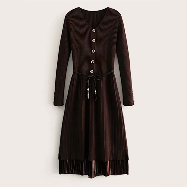 

Pleated Hem Belted Sweater Dress, Brown