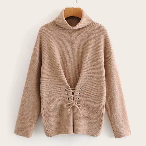 

Ribbed Knit Lace Up High Neck Jumper, Khaki