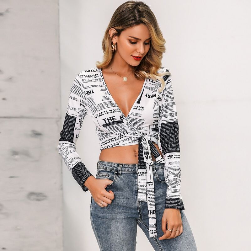 

Glamaker Newspaper Print Plunging Neck Wrap Knot Top, Black and white