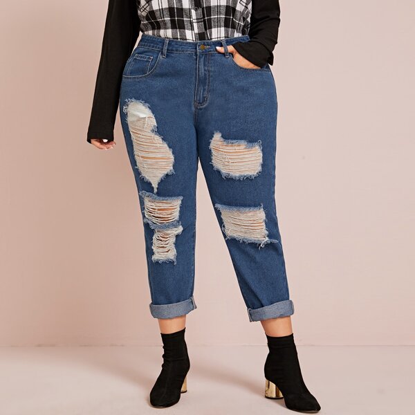 

Plus Buttoned Ripped Jeans, Blue