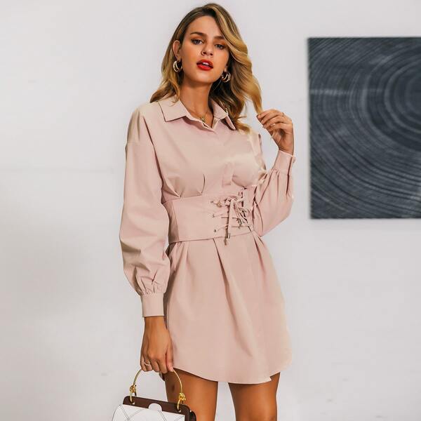 

Glamaker Lace-up Corset Waist Shirt Dress, Pink pastel