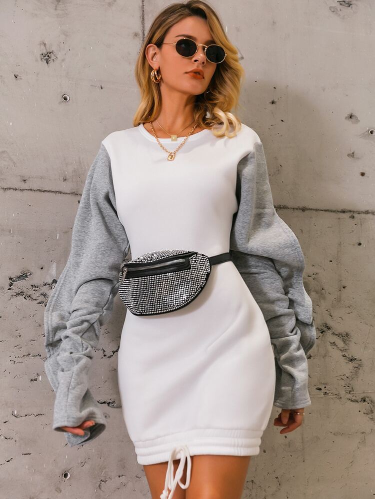 Colorblock Ruffle Trim Drawstring Hem 