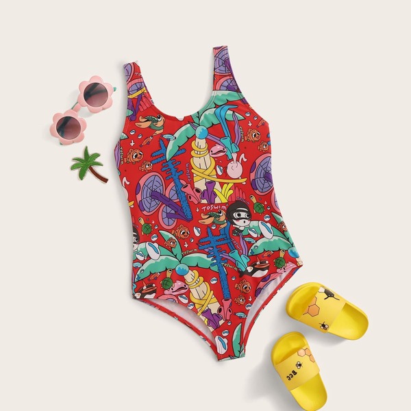 

Girls Cartoon Random Graphic One Piece Swimwear, Multicolor