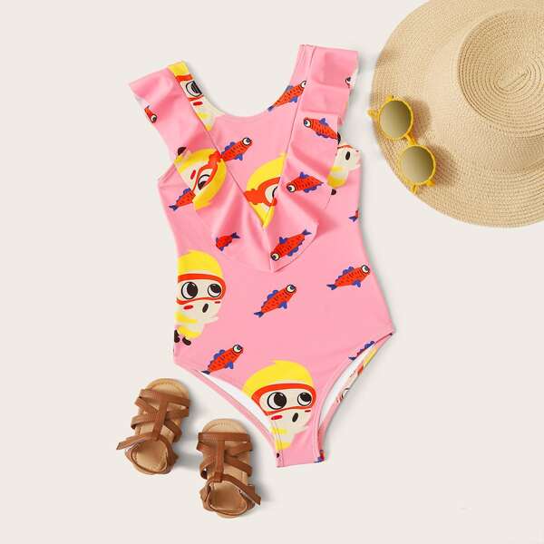 

Girls Cartoon Fish Random Print One Piece Swimwear, Pink