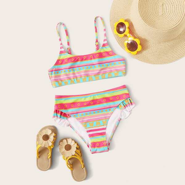 

Girls Multi-color Striped Random Print High Waist Bikini Set, Multicolor