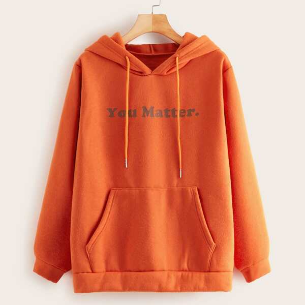 

Letter Graphic Kangaroo Pocket Drawstring Hoodie, Orange