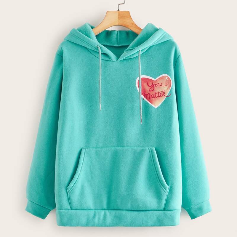 

Heart Print Kangaroo Pocket Drawstring Hoodie, Blue