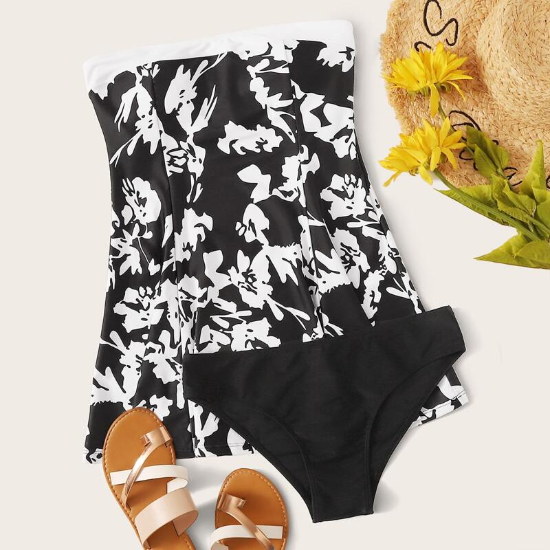 

Floral Print Bandeau Bikini Swimsuit, Black and white