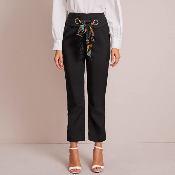 

Knot Front Ribbon Straight Leg Pants, Black