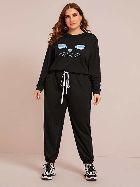 

Plus Cartoon Graphic Sweatshirt With Sweatpants, Black, Franziska