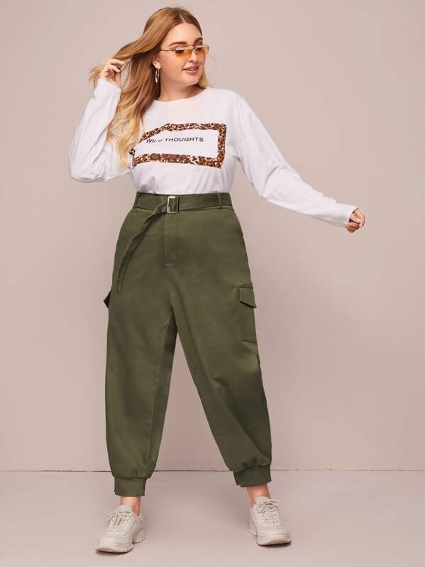 

Plus Flap Pocket Belted Cargo Jeans, Army green, Nora