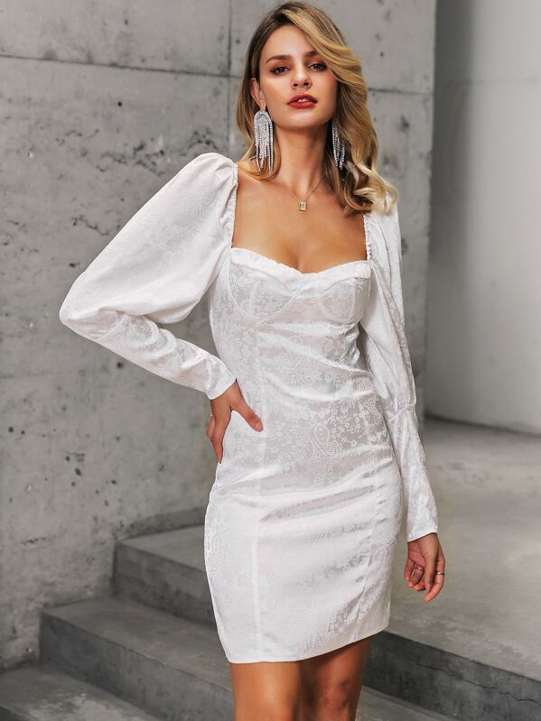 

Glamaker Gigot Sleeve Bustier Satin Jacquard Dress, White, Fernanda