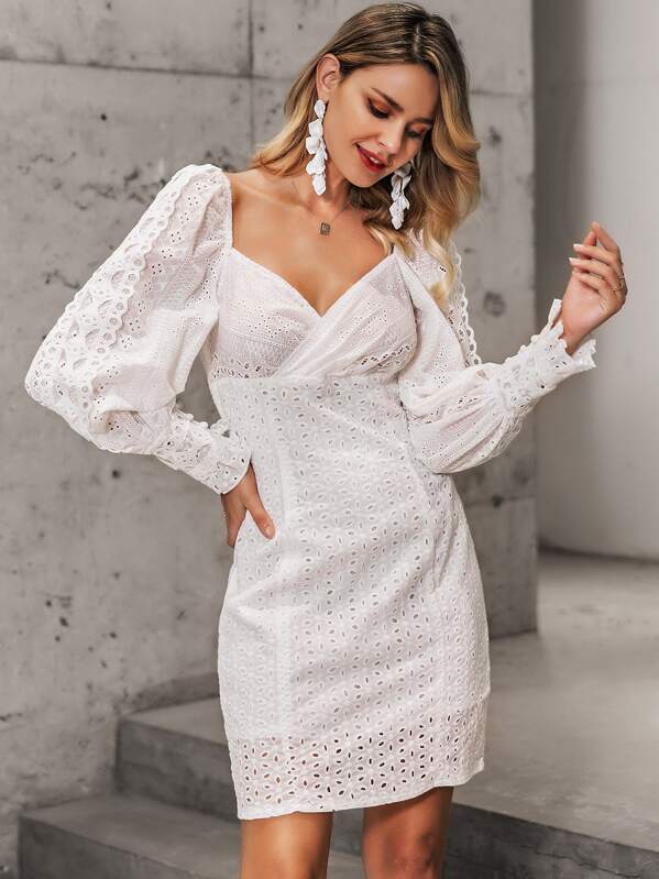 

Glamaker Sweetheart Neck Lantern Sleeve Schiffy Dress, White, Fernanda D