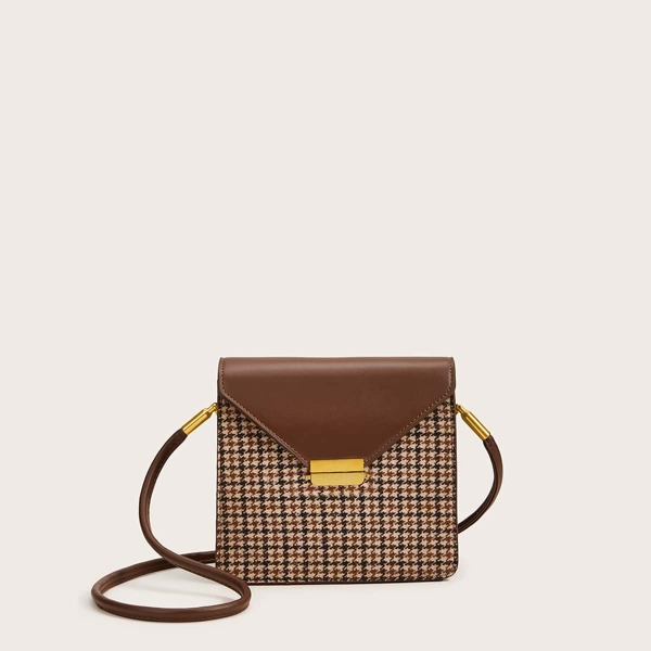 

Houndstooth Flap Crossbody Bag, Brown
