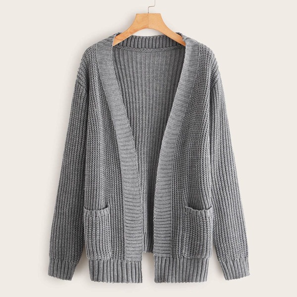 

Plus Open Front Pocket Detail Ribbed Knit Cardigan, Grey