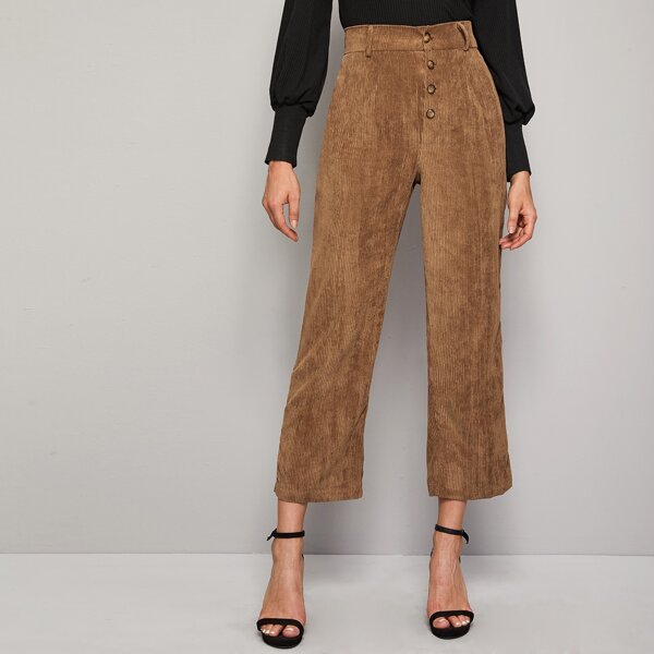 

Corduroy Button Front Boot Cut Pants, Brown