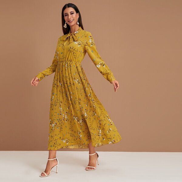 

Plants Print Tie Neck Pleated Hem Dress, Yellow