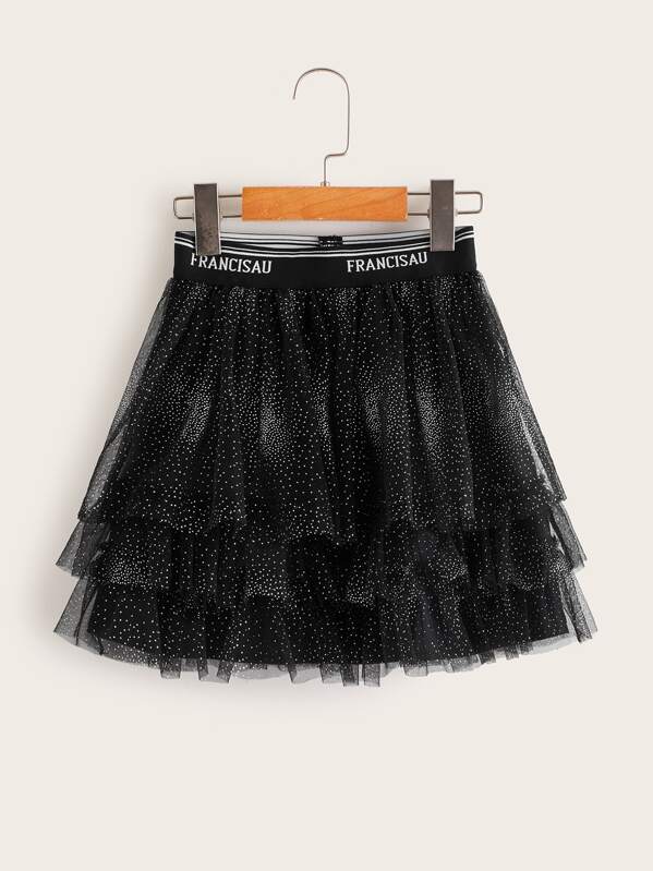 

Girls Letter Tape Dot Mesh Layered Skirt, Black