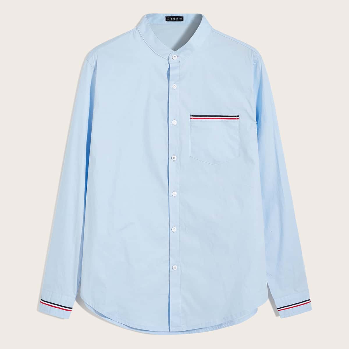 

Guys Stand Collar Striped Trim Pocket Patched Shirt, Blue pastel