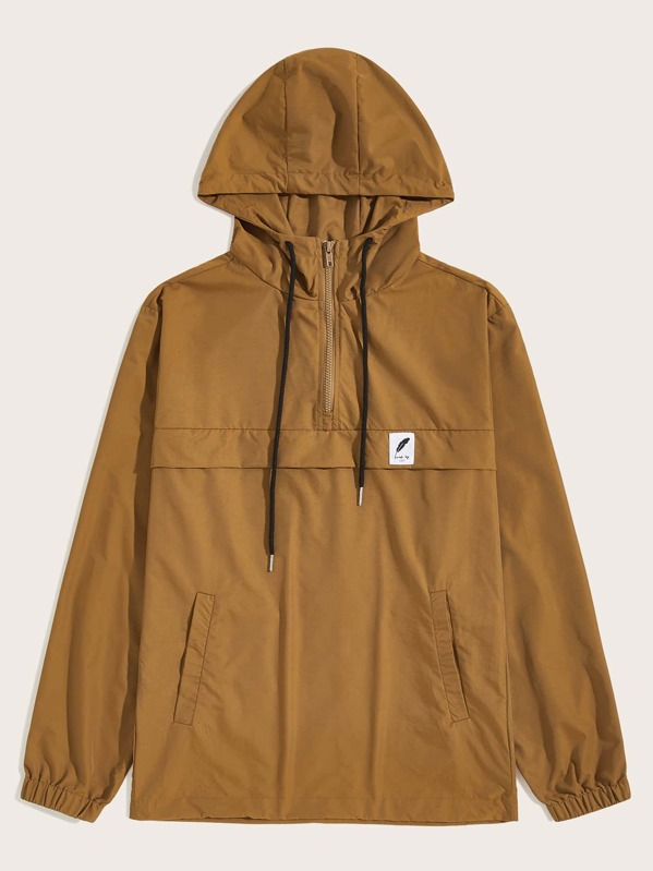 

Men Zip Half Placket Patch Detail Hooded Anorak, Camel