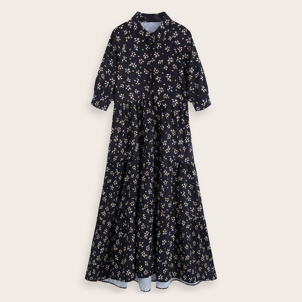 

Ditsy Floral Flare Hem Shirt Dress, Black