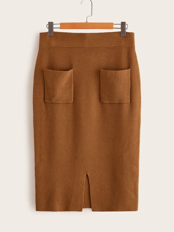 

Plus Patch Pocket Split Hem Sweater Skirt, Camel