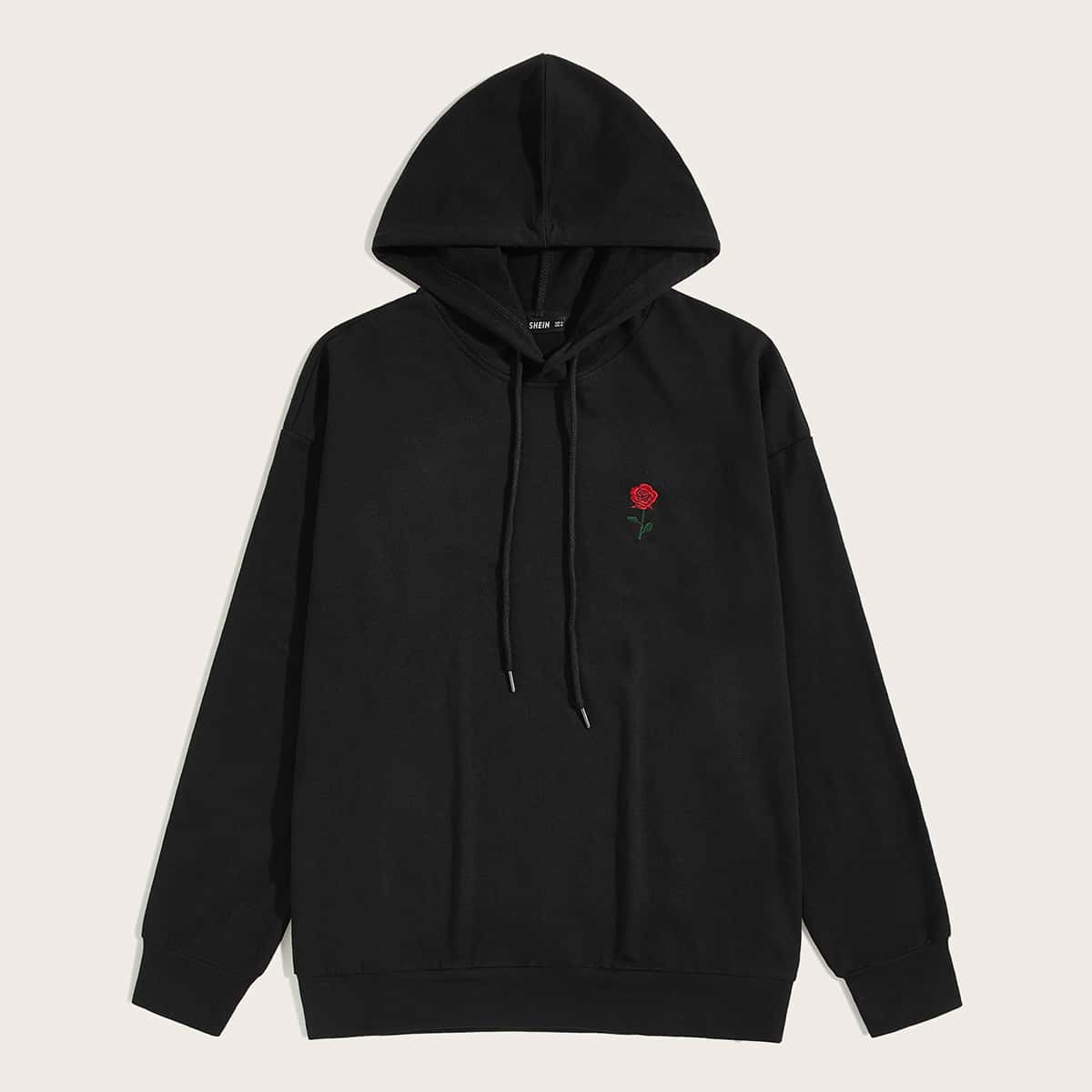 

Guys Drawstring Detail Rose Embroidered Hoodie, Black