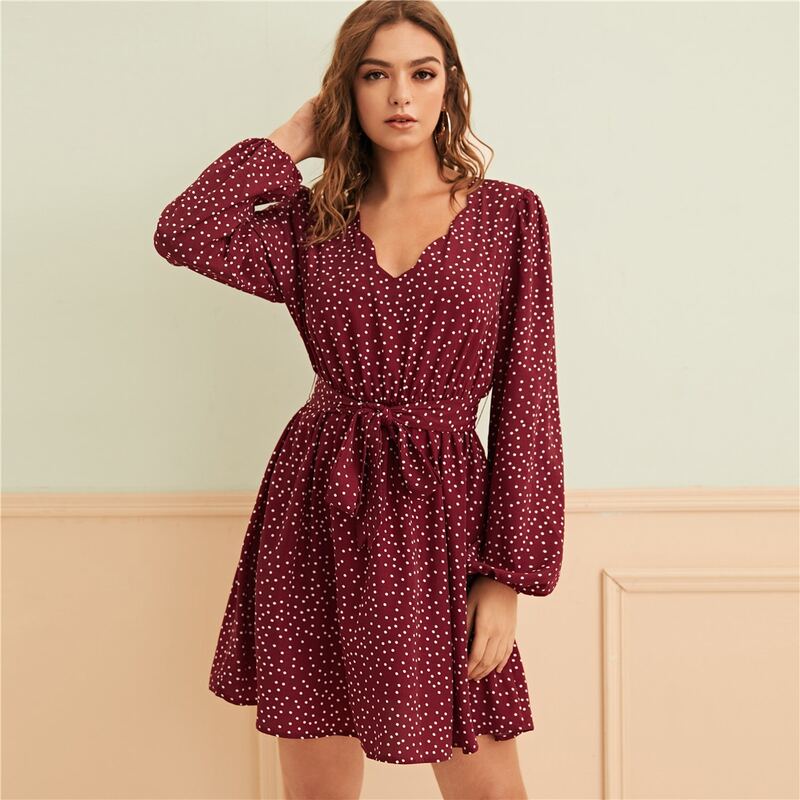 

V-neck Lantern Sleeve Belted Dot Print Dress, Burgundy