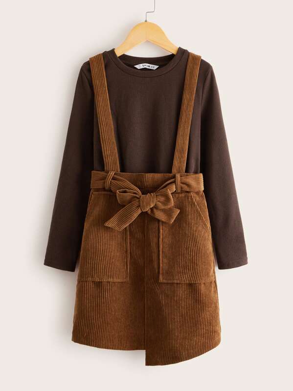 

Girls Rib-knit Tee and Asymmetrical Hem Pinafore Cord Skirt Set, Brown