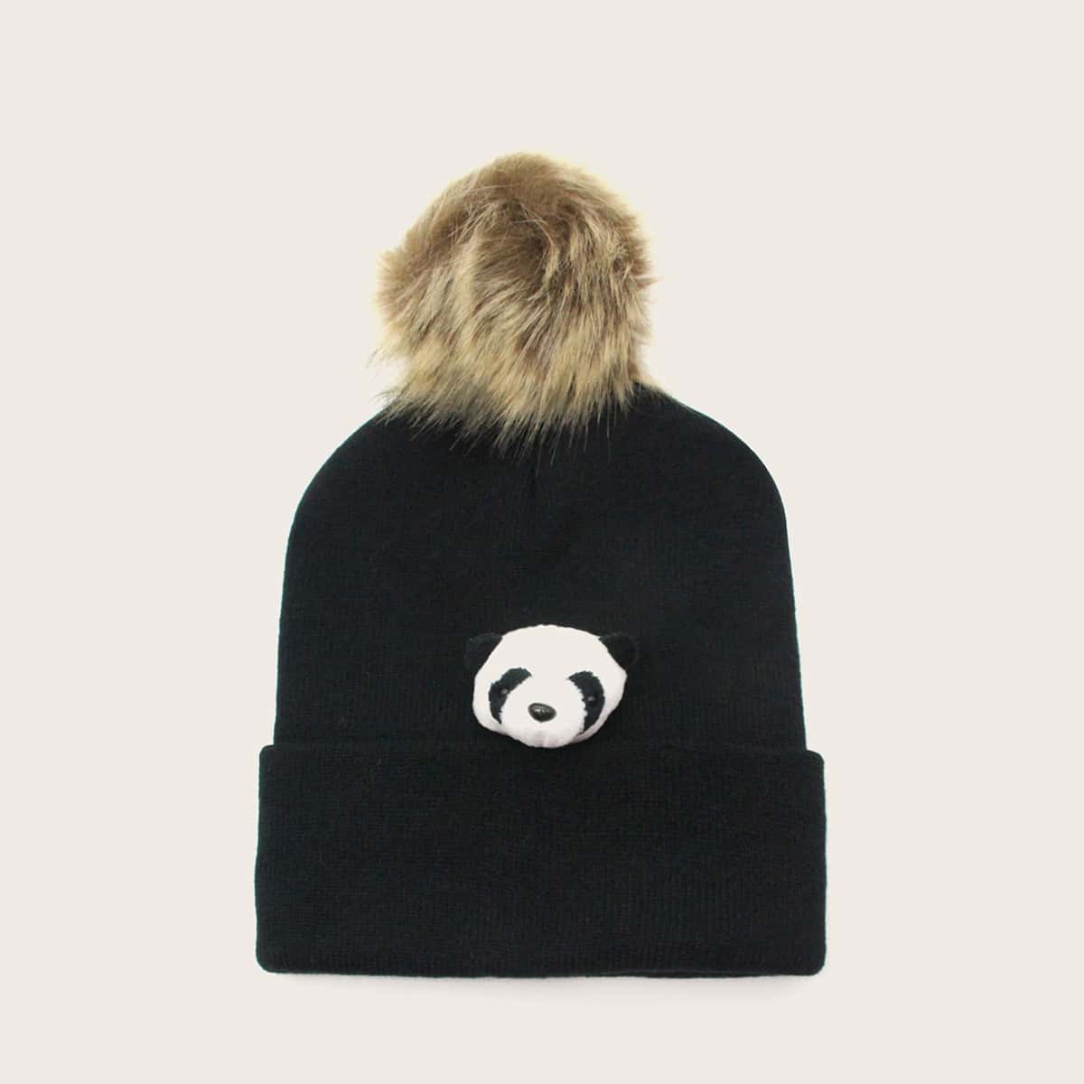 

Panda Decor Knitted Beanie, Black