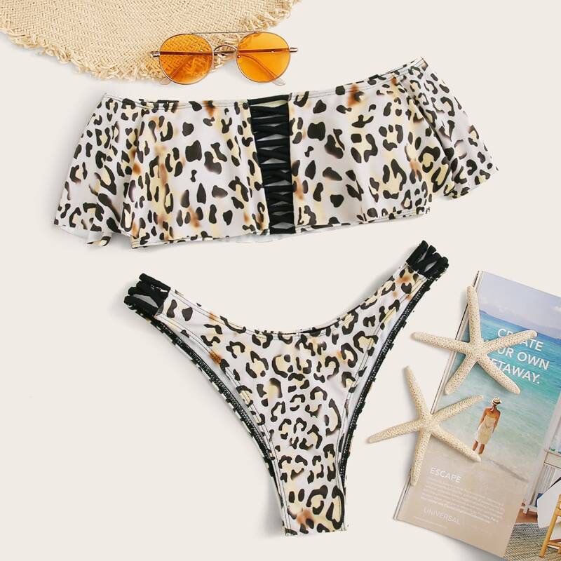 

Leopard Print Cutout Top With High Cut Bikini Set, Multicolor