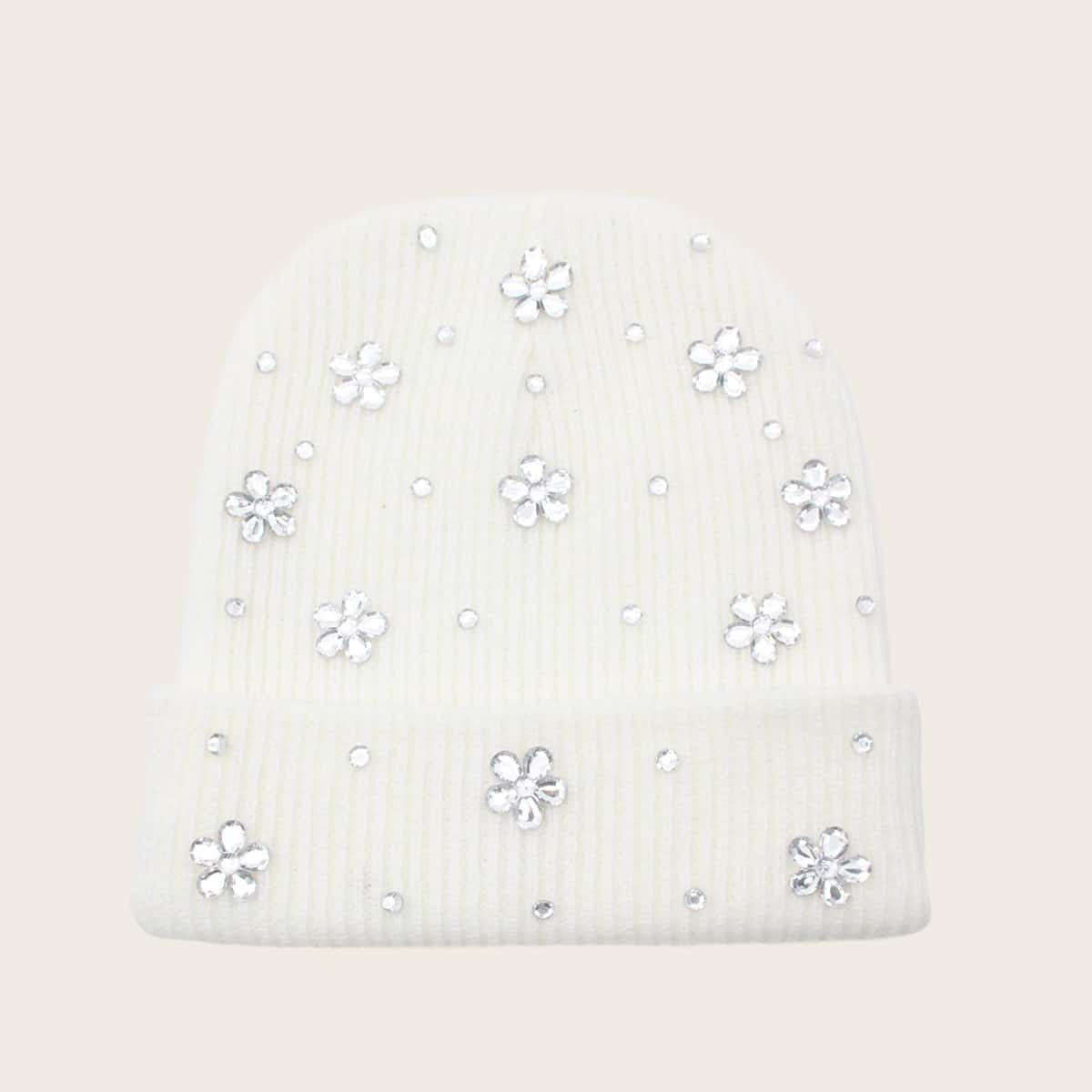 

Rhinestone Engraved Flower Decor Knitted Beanie, White