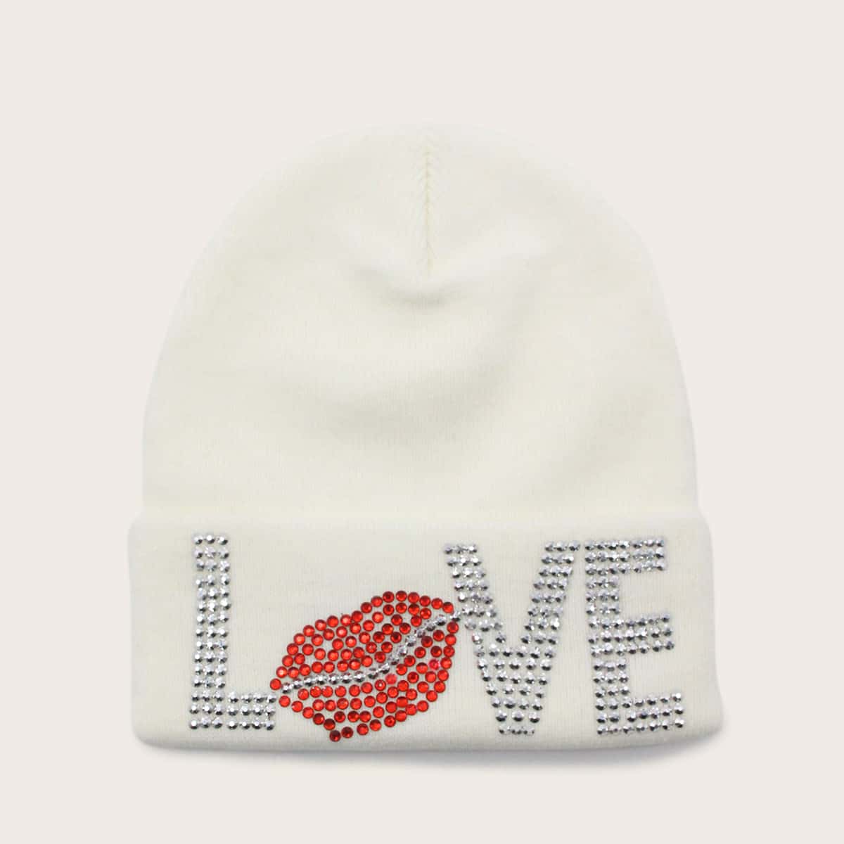 

Rhinestone Engraved Letter Decor Knitted Beanie, White