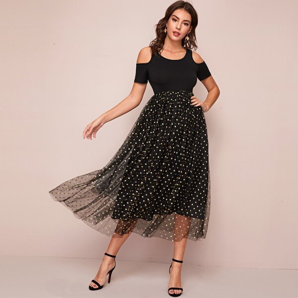 

Open Shoulder Gold Dot Mesh Overlay Dress, Black