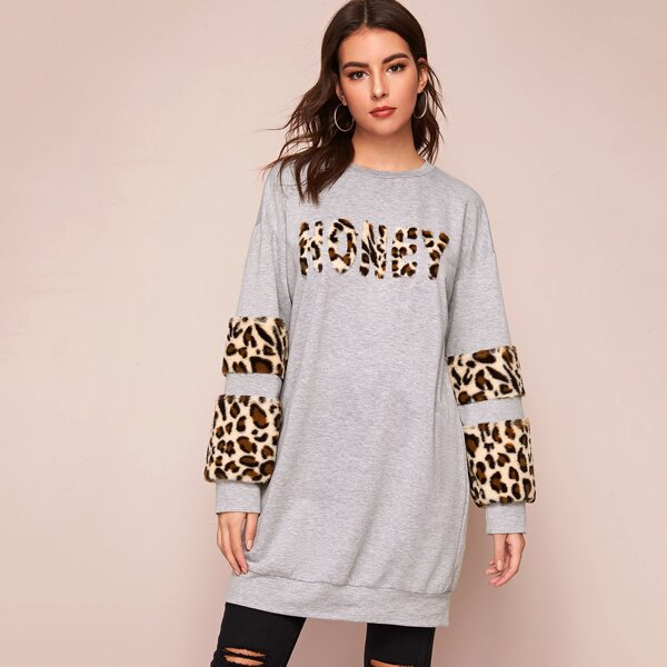 

Faux Fur Panel Heather Grey Oversized Longline Pullover