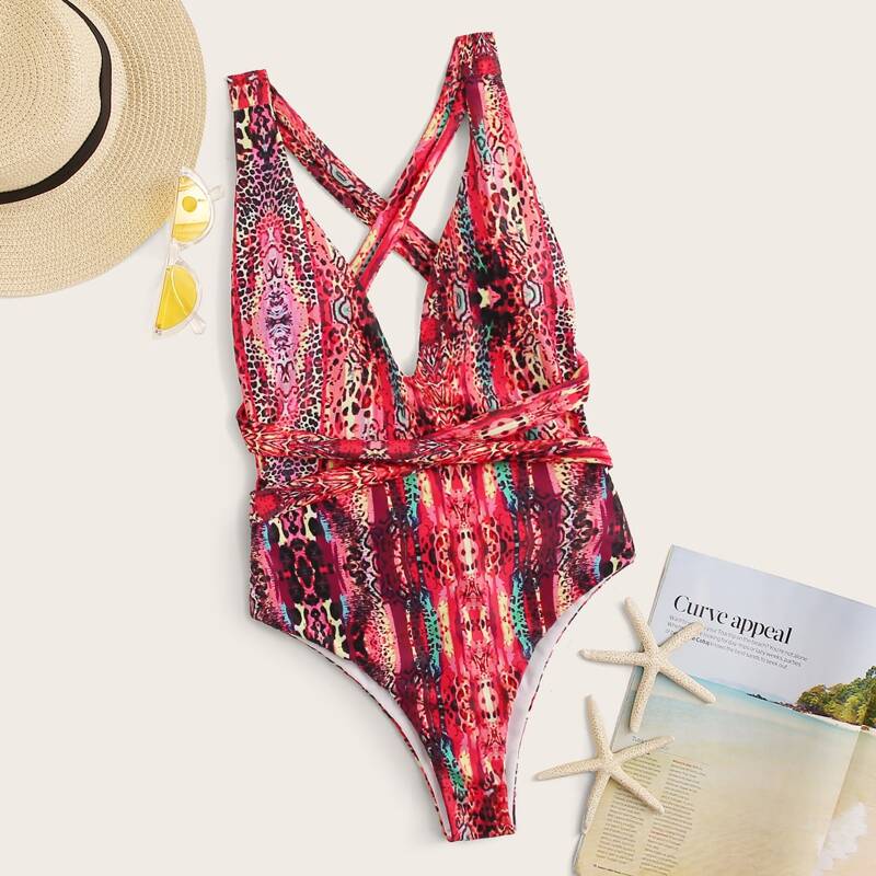 

Graphic Print Criss Cross One Piece Swimwear, Multicolor